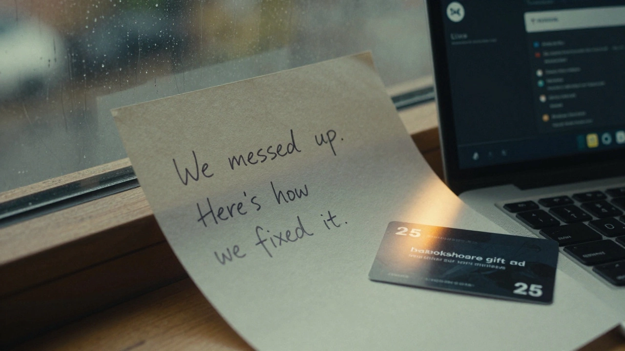 A handwritten apology letter and bookstore gift card on a windowsill with rain outside.