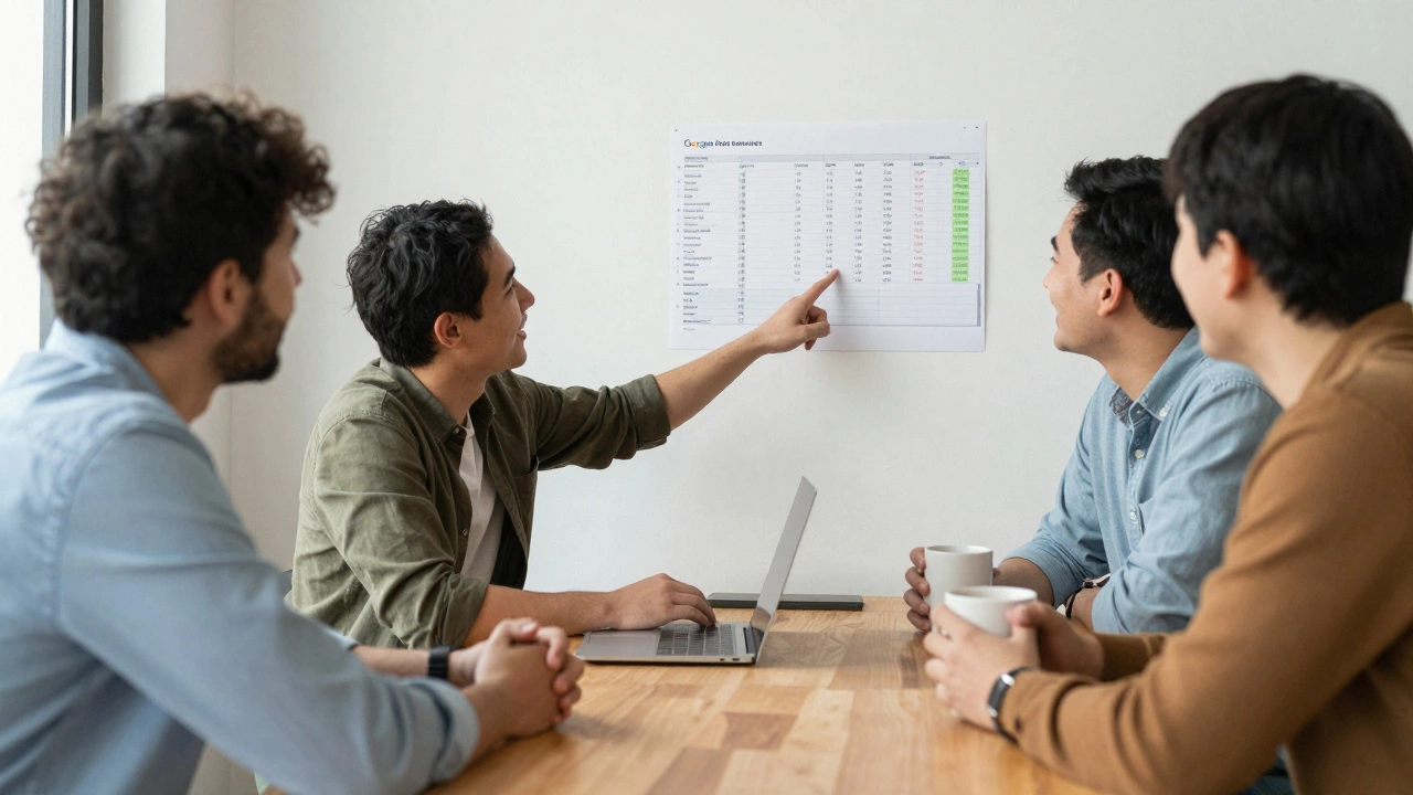A small team gathered around a table, looking at a printed sheet of raw company financials.
