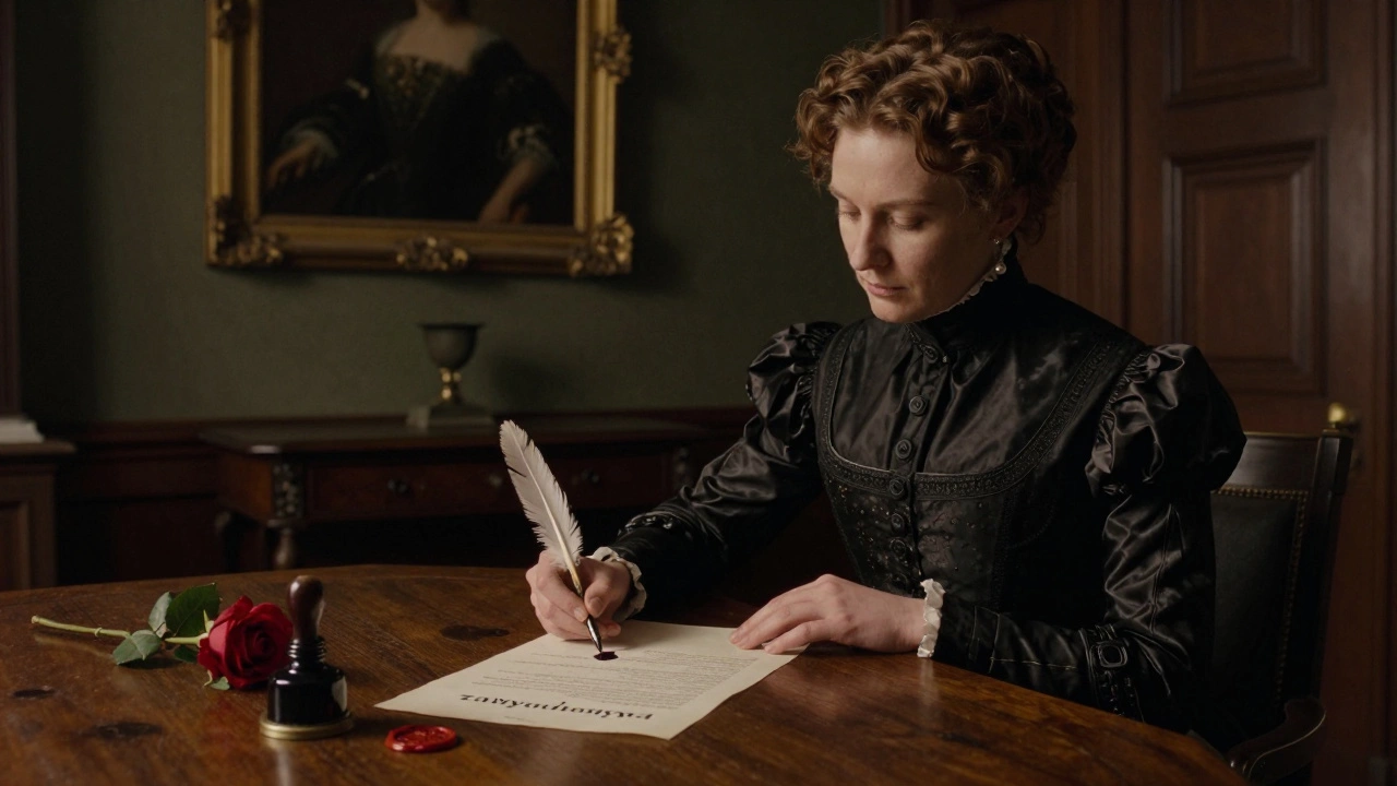A woman signs a formal contract with a quill pen in a dimly lit study, wax seal and rose beside her.