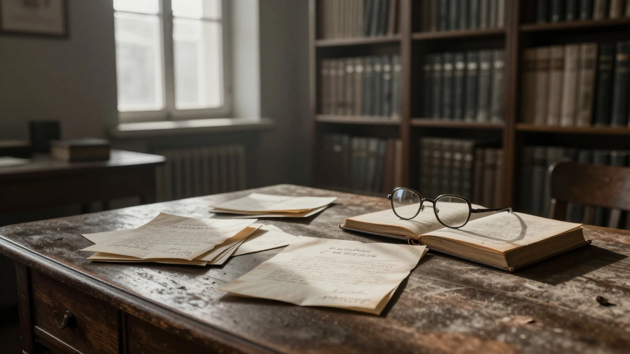 Fragile 19th-century letters and contracts lie open in a sunlit Moscow archive, spectacles resting on a diary.